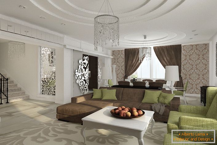 Luxusná obývacia izba v štýle Empire. Viacúrovňové stropy zdobia dobre zvolené osvetlenie.