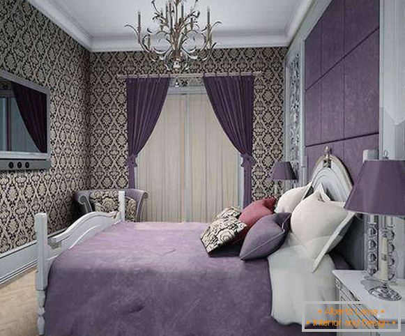 Spálňa v fialových tónoch - fotografie s vzorovanými tapetami