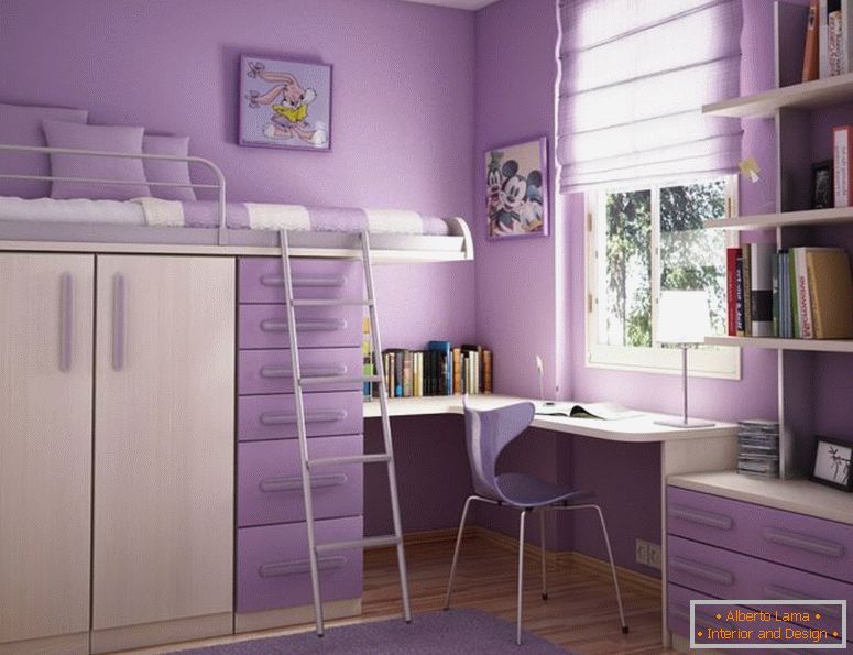pohodlná-spálňa-design-idea-for-dospievajúci dievčenské-s-lila-wall-cream-poschodová posteľ-s-lila zásuviek-and-white-window-frame-obdivuhodné-spálne-Design-nápady realizovateľná dospievajúce-dievčatá