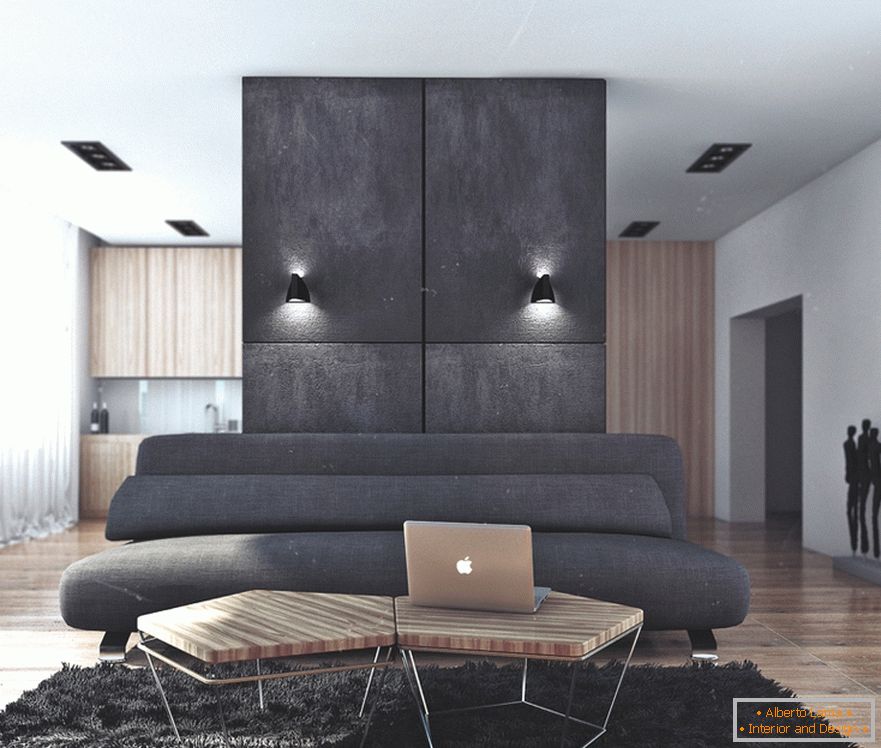 Kombinácia čierneho a dreva v obývacej izbe v byte pre úspešného bakalára v Rusku
