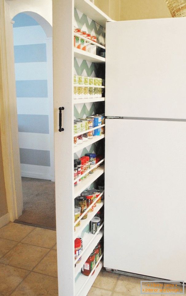 Vysúvateľná skladovacia miestnosť za chladničkou