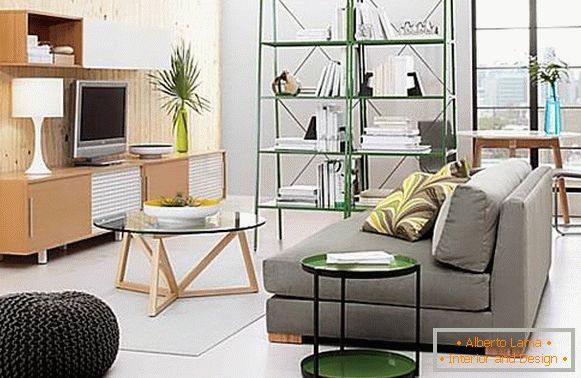 Zelené regály pre obývaciu izbu