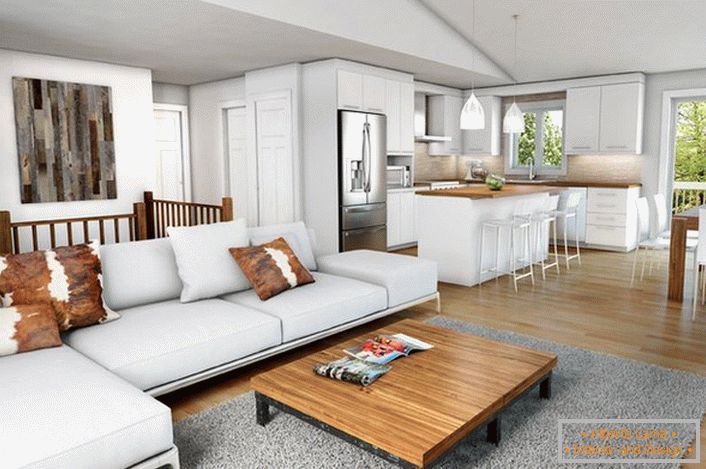 Moderná chata v interiéri domu. Laconický a pohodlný nábytok vytvára atmosféru v teple a pohodlí. 