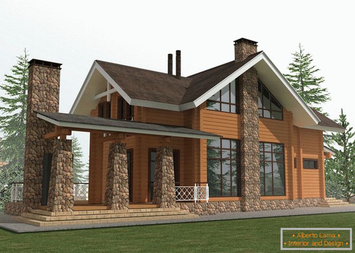 Projektový projekt vidieckeho domu v štýle chaty je založený na použití pri výstavbe dreveného rámu a prírodného kameňa.
