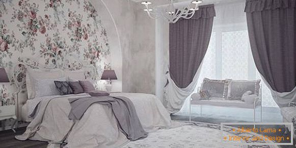 Moderné fialové závesy v spálni - fotografia v interiéri