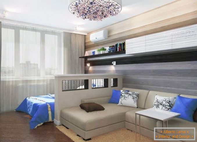 Dizajn dvojizbového bytu s detskou izbou - fotografia kombinovanej spálne obývacej izby