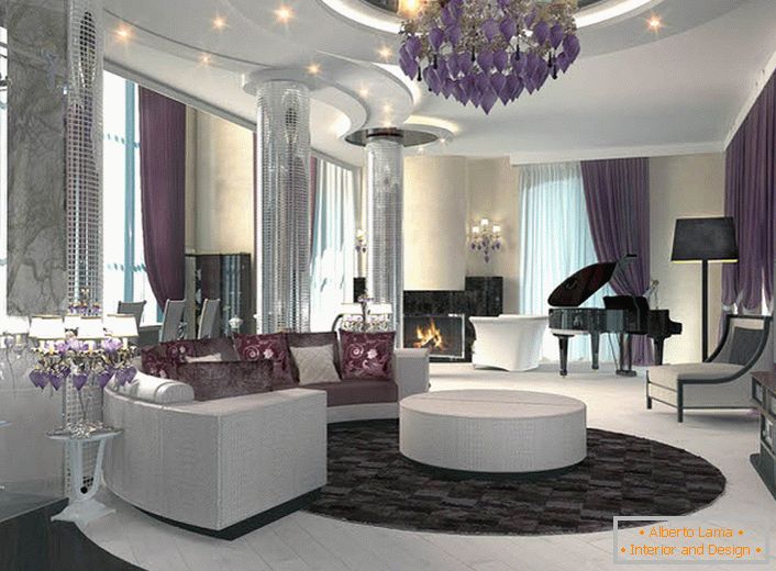 Viacvrstvový strop s bodovým osvetlením dopĺňa celkovú skladbu Art Deco, v ktorej sa vyrába obývacia izba. 