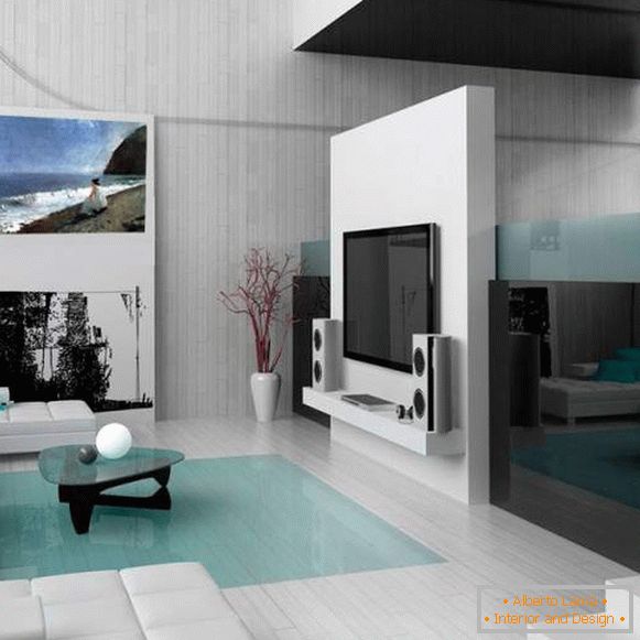 Malá obývacia izba v apartmáne v high-tech štýle - interiérová fotka