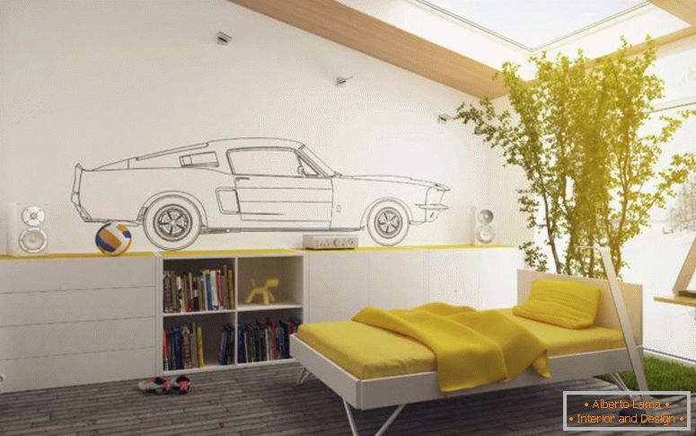 Atraktívny-žlto-bielo-deti-spálňa-dekor-with-big-Cool-rastliny-dekorácie-lôžkových-and-drevenú stolárstvo-knižnica-on-hnedé-drevené podlahy-plus-veľkých Clear- sklo-strecha-as-i-as-office-design-la