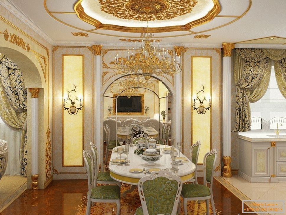 Biely interiér so zlatými vzormi