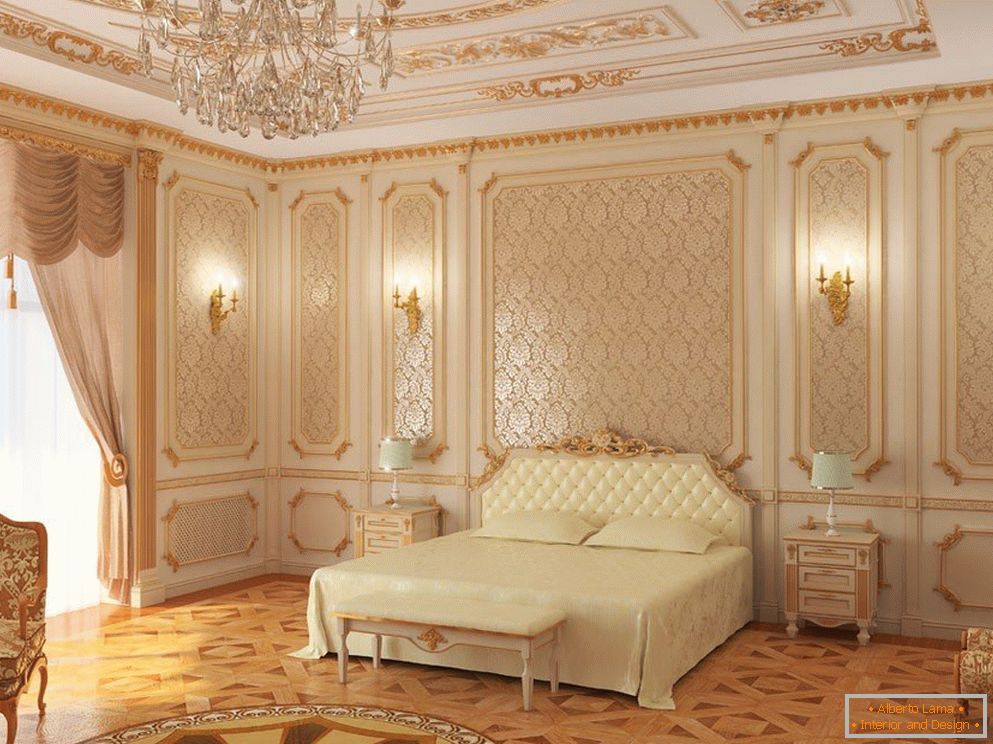 Biele steny a spálne so zlatými vzormi