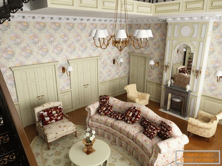 Obývacia izba v štýle krajiny v prvom poschodí veľkého domu na predmestí. Podľa štýlu je mäkký nábytok vybraný z textílie s kvetinovým vzorom.
