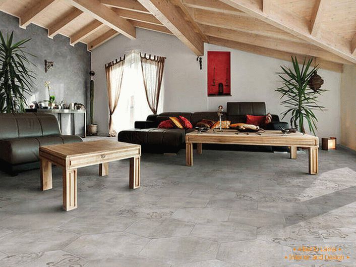 Krytie podláh a stien imituje hrubú povrchovú úpravu. Stropy dreva sú kombinované do spoločného zloženia s nábytkom. Šťastná variácia podkrovia v obývacej izbe.
