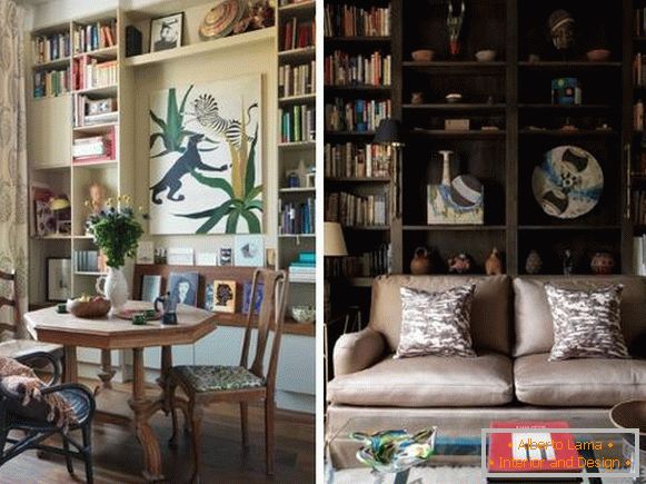 Regály s knihami a výzdobou v obývacej izbe