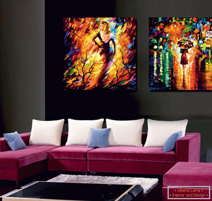 Modulové maľby napodobňujú olejomaľbu. Svetlé, šťavnaté farby zriedia dizajn miestnosti, robia to nezvyčajné a exkluzívne. 