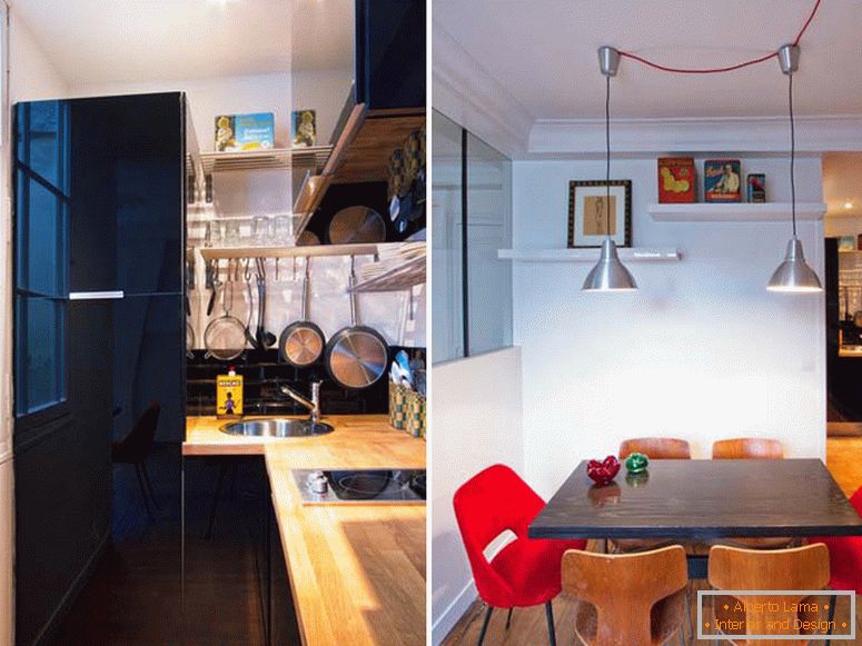Kuchyňa a jedáleň malého štúdia v Paríži