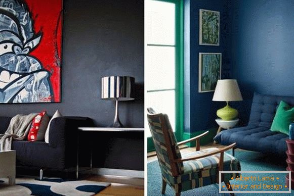 Tmavo modré steny v dizajne obývacej izby
