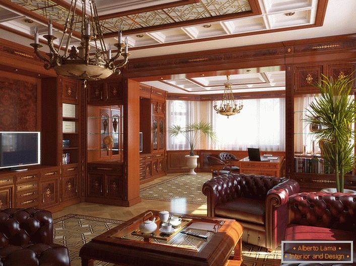 Obývacia izba v anglickom štýle je zdobená hlavne ušľachtilým drevom.