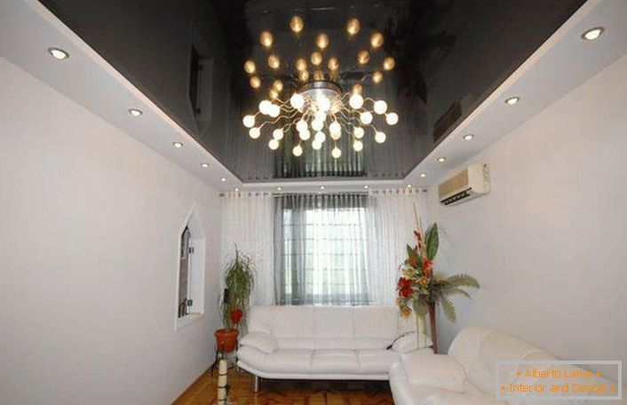 Čierny lesk stropu podčiarkuje jemný interiér obývacej izby.