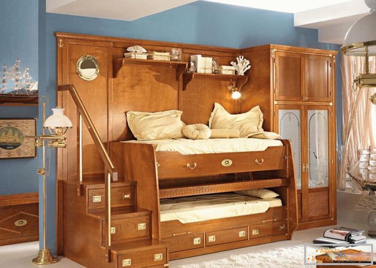 super-deti-boy-spálne-nábytok-design-ukazuje-unique-hnedo-dubové poschodová posteľ s prácou s kombinovaným vysoký-skrine-a-niektoré-zásuvky-plus-nerez oceľ zábradlie na poschodí
