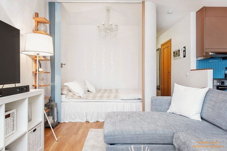 Návrh obývacej izby a spálne в однокомнатной квартире 33 кв м