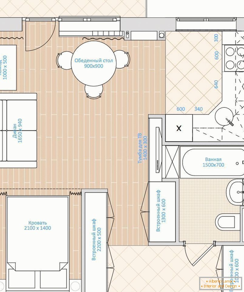 Rozloženie jednoizbového bytu o rozlohe 33 m2