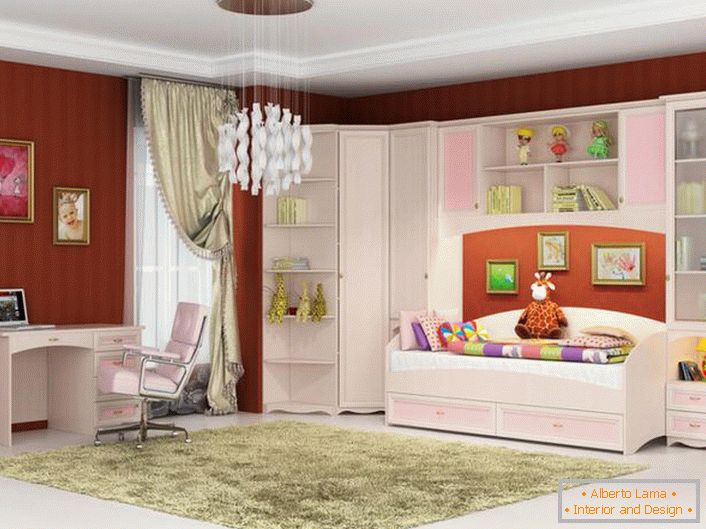 Štýlová izba pre mladého módneho umelca. Modulový nábytok pre deti je vyrobený v ružovej a bielej farbe - to, čo potrebujete pre dievča.