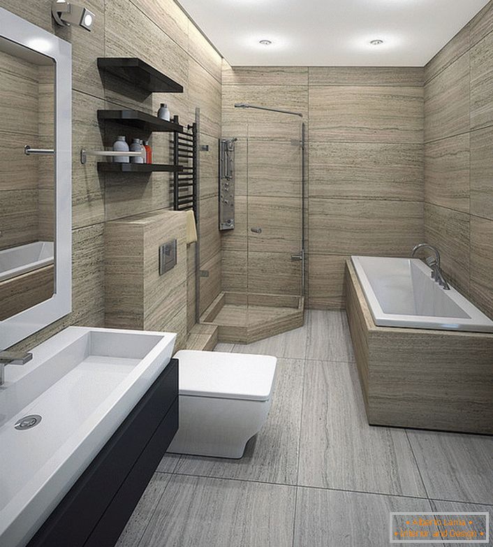 Priestranná minimalistická kúpeľňa je vhodná pre milovníkov sprchy a pre tých, ktorí uprednostňujú kúpanie.