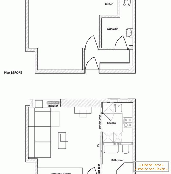 Plán malého bytu pred a po oprave