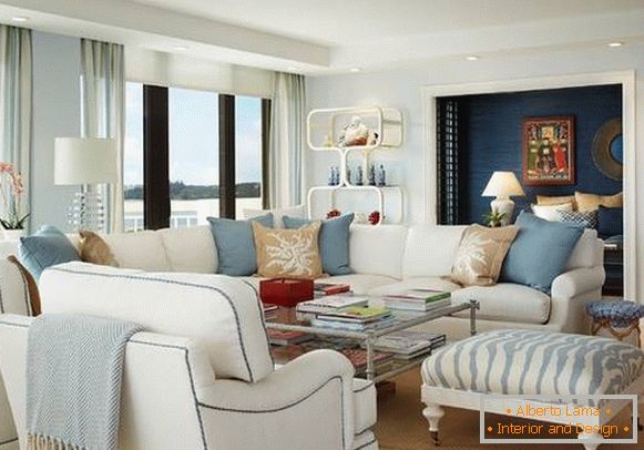 Biela modrá obývacia izba - moderný dizajn 2016