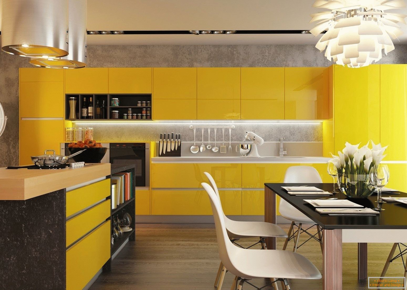 kuchyne с желтыми фасадами и черным столом