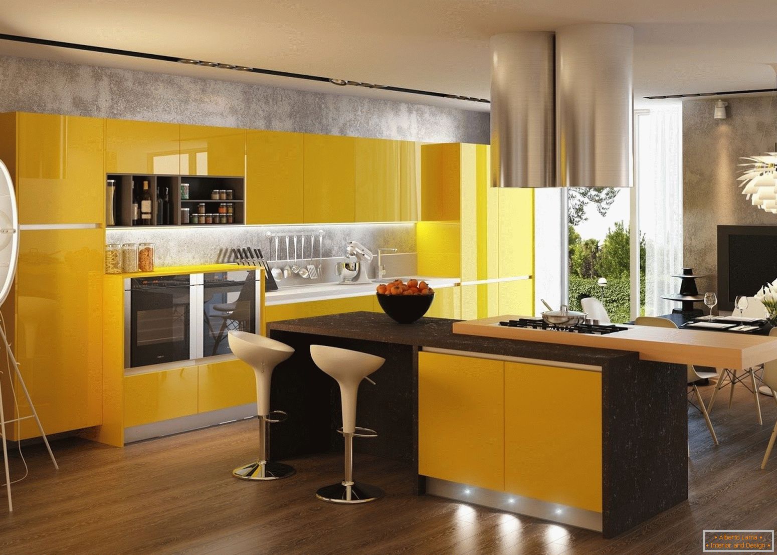 Interiér so žltou kuchyňou