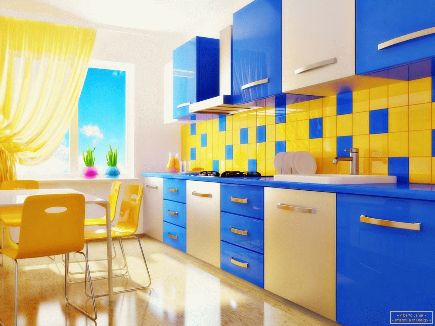 Modrá a žltá kuchyňa